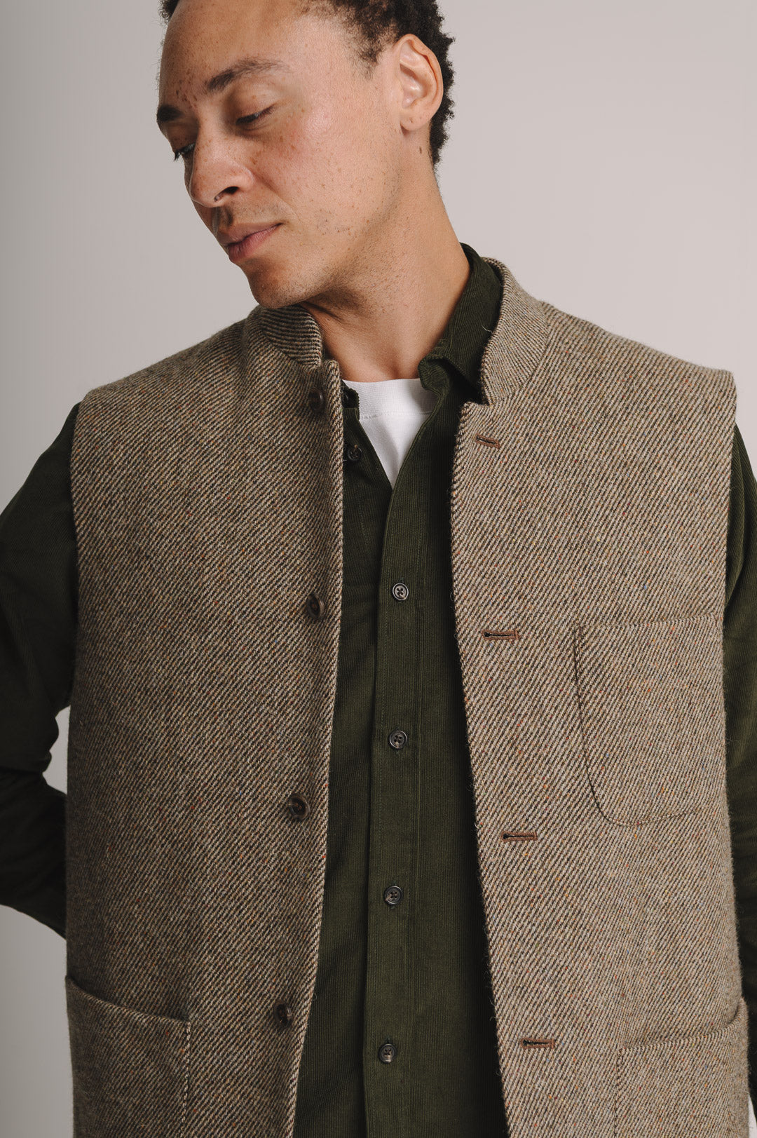 Peat Brown Twill Donegal Tweed Nehru Waistcoat