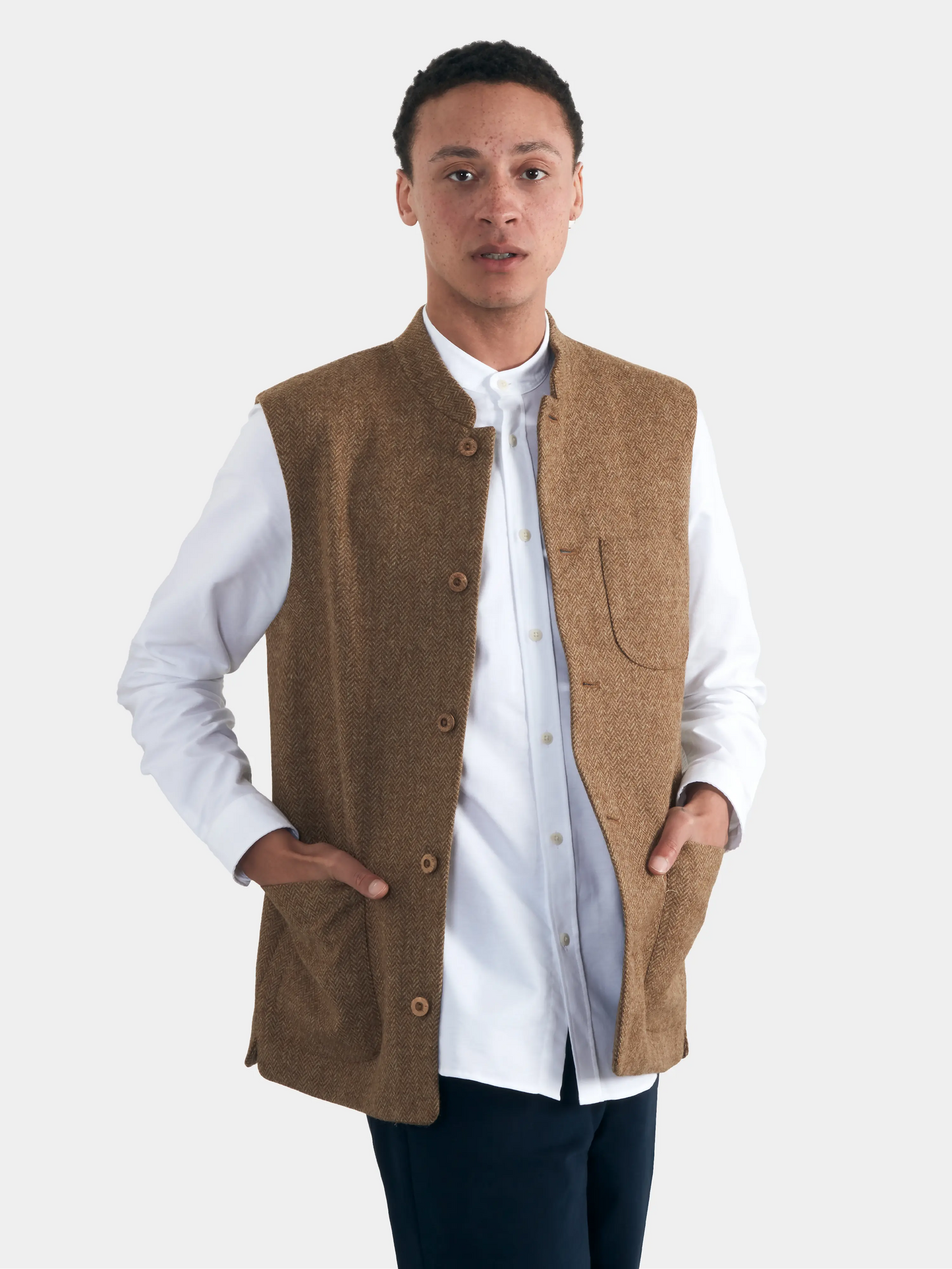 Fawn Herringbone Wool Nehru Waistcoat, Nehru Waistcoats - SIRPLUS