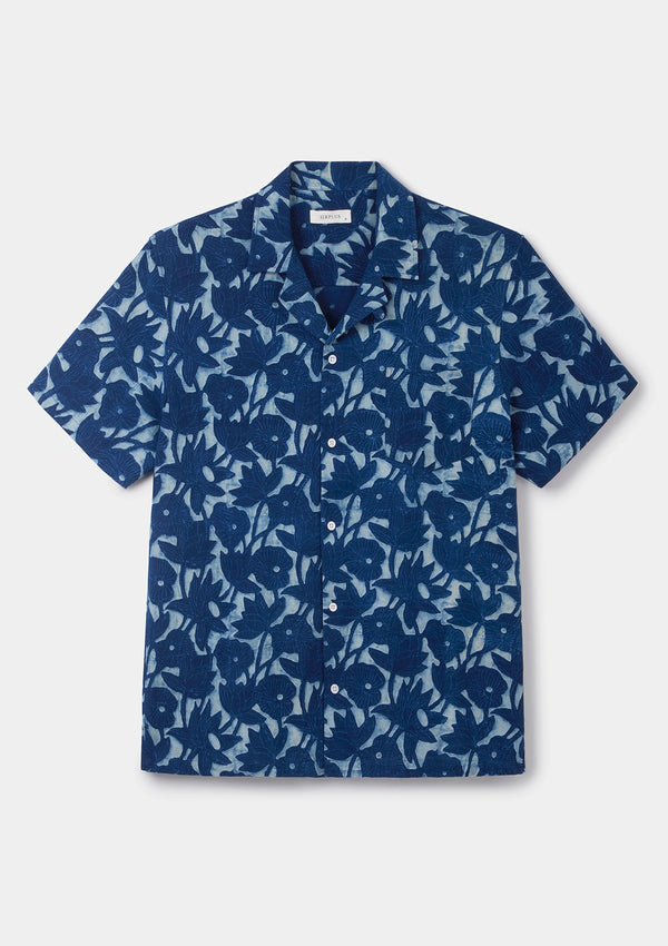 Marine Blue Batik Print Cuban Shirt, Cuban Shirt - SIRPLUS