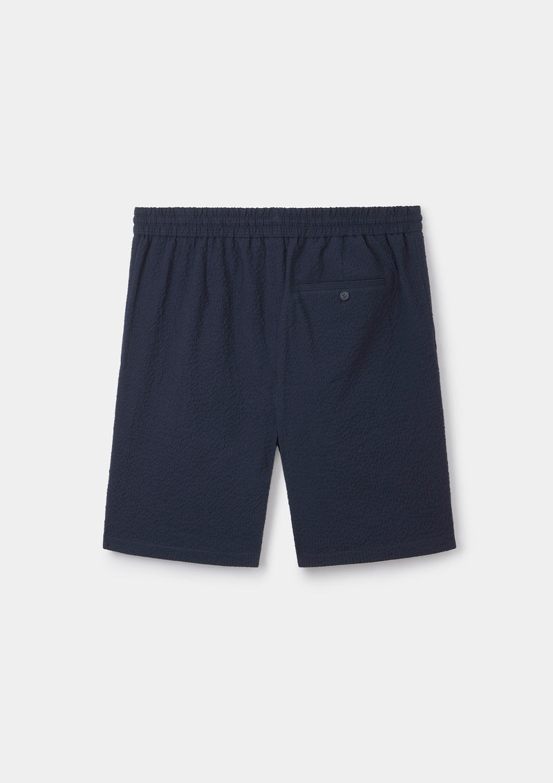 Navy Seersucker Cotton Drawstring Shorts