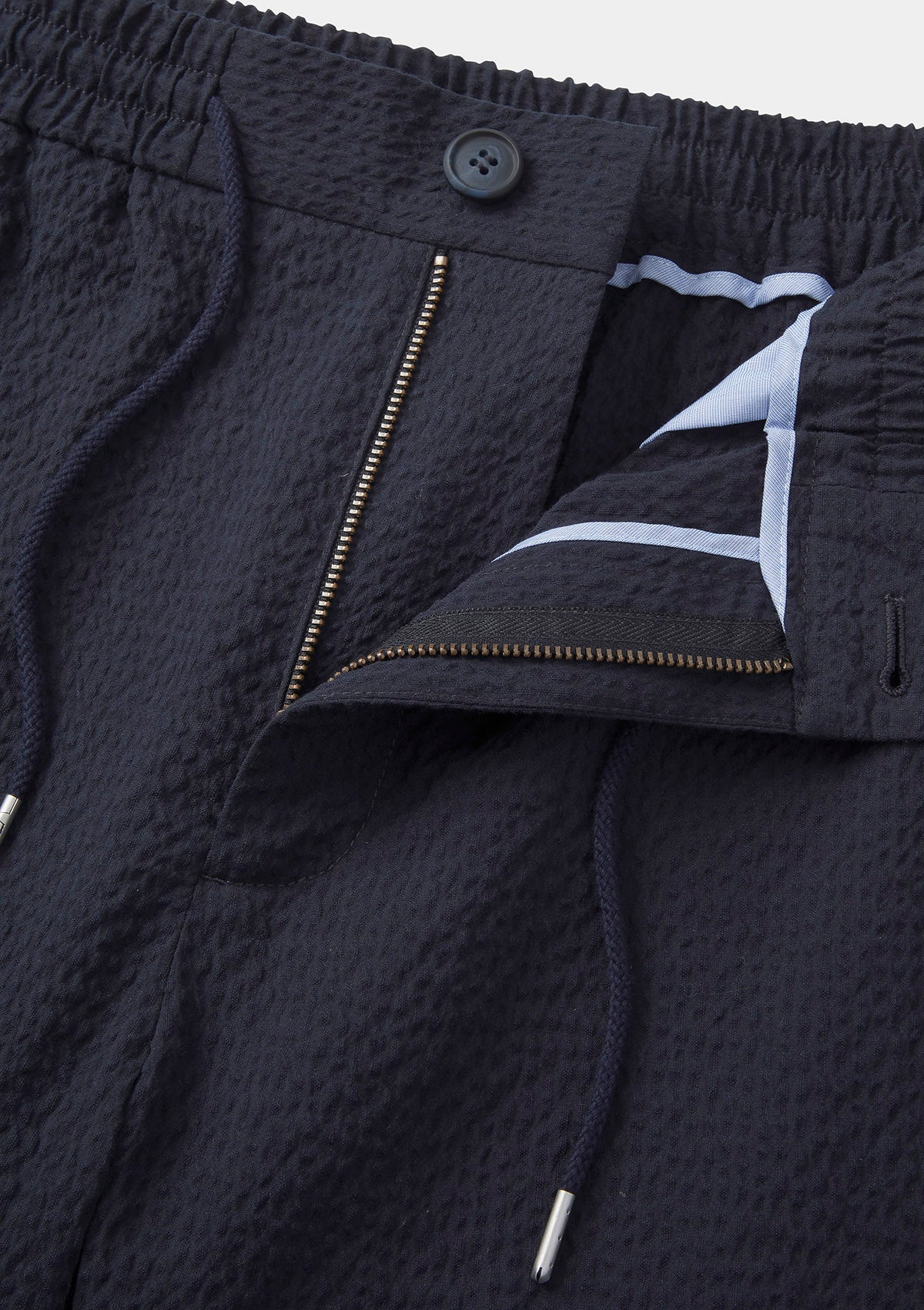 Navy Seersucker Cotton Drawstring Shorts, Shorts - SIRPLUS