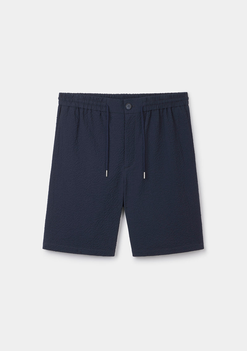Navy Seersucker Cotton Drawstring Shorts