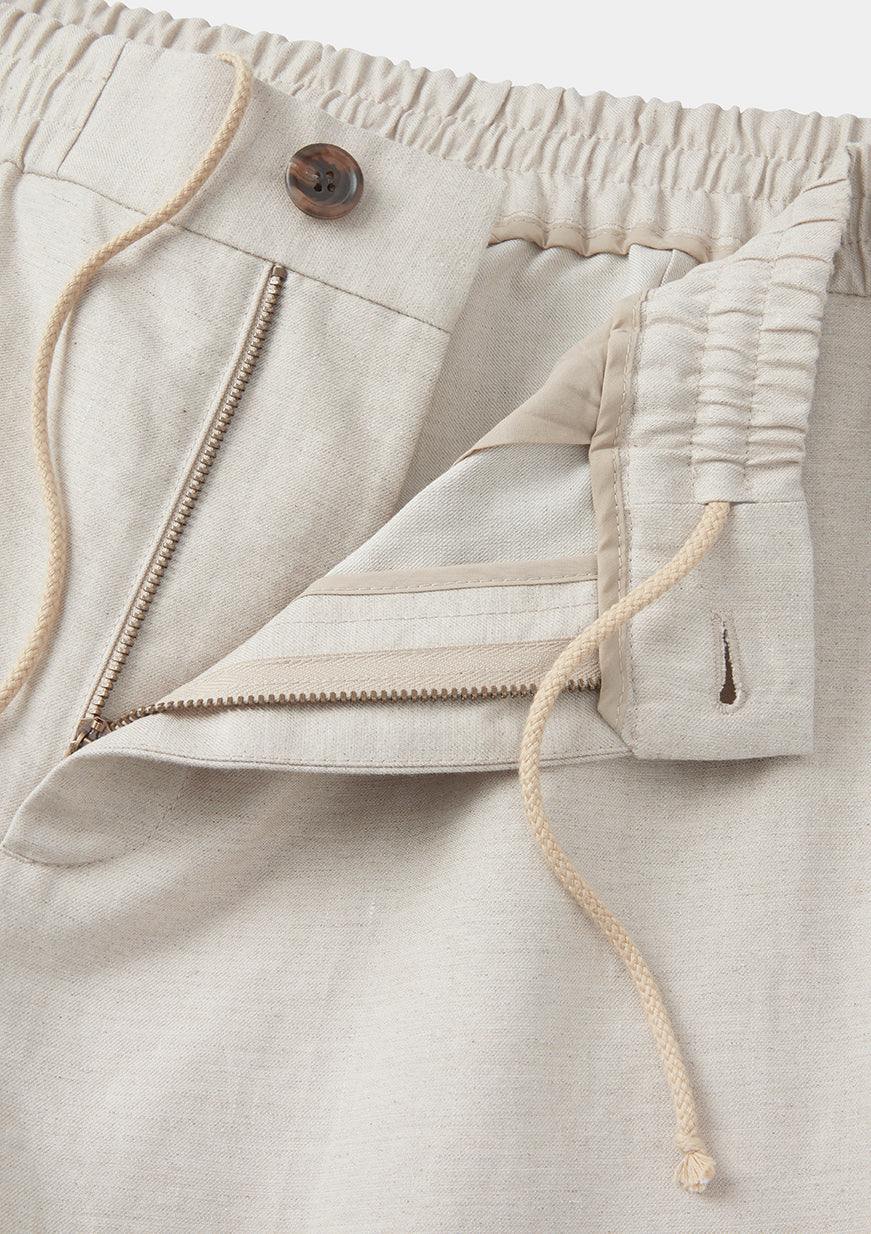 Ecru Cotton Linen Drawstring Trousers, Casual Trousers - SIRPLUS