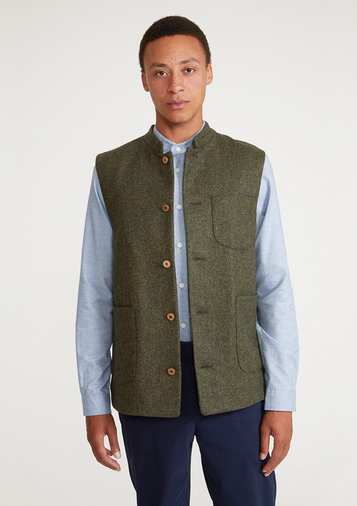 Green Herringbone Tweed Nehru Waistcoat, Nehru Waistcoats - SIRPLUS
