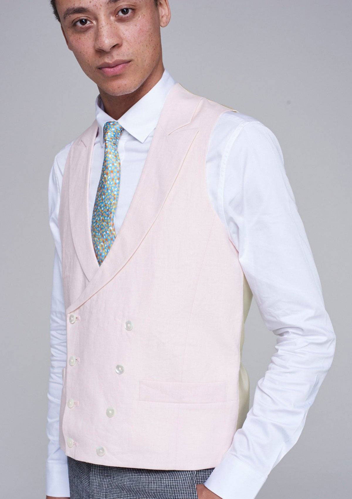 Pale Pink Peak Lapel Double Breasted Waistcoat, Double Breasted Waistcoats - SIRPLUS