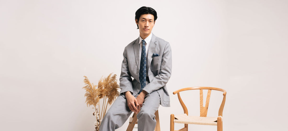 Model is wearing Smoke Blue Cotton Linen Suit from Spring Summer Collection