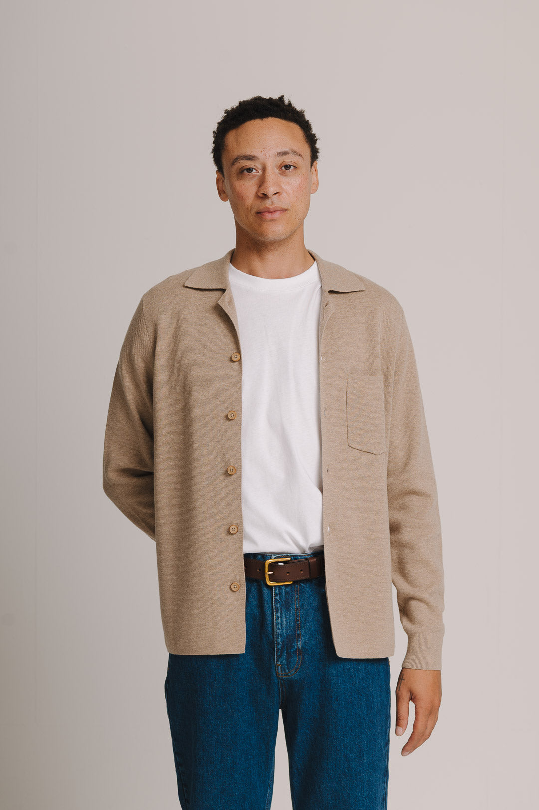 Oatmeal Merino Knit Polo Shirt