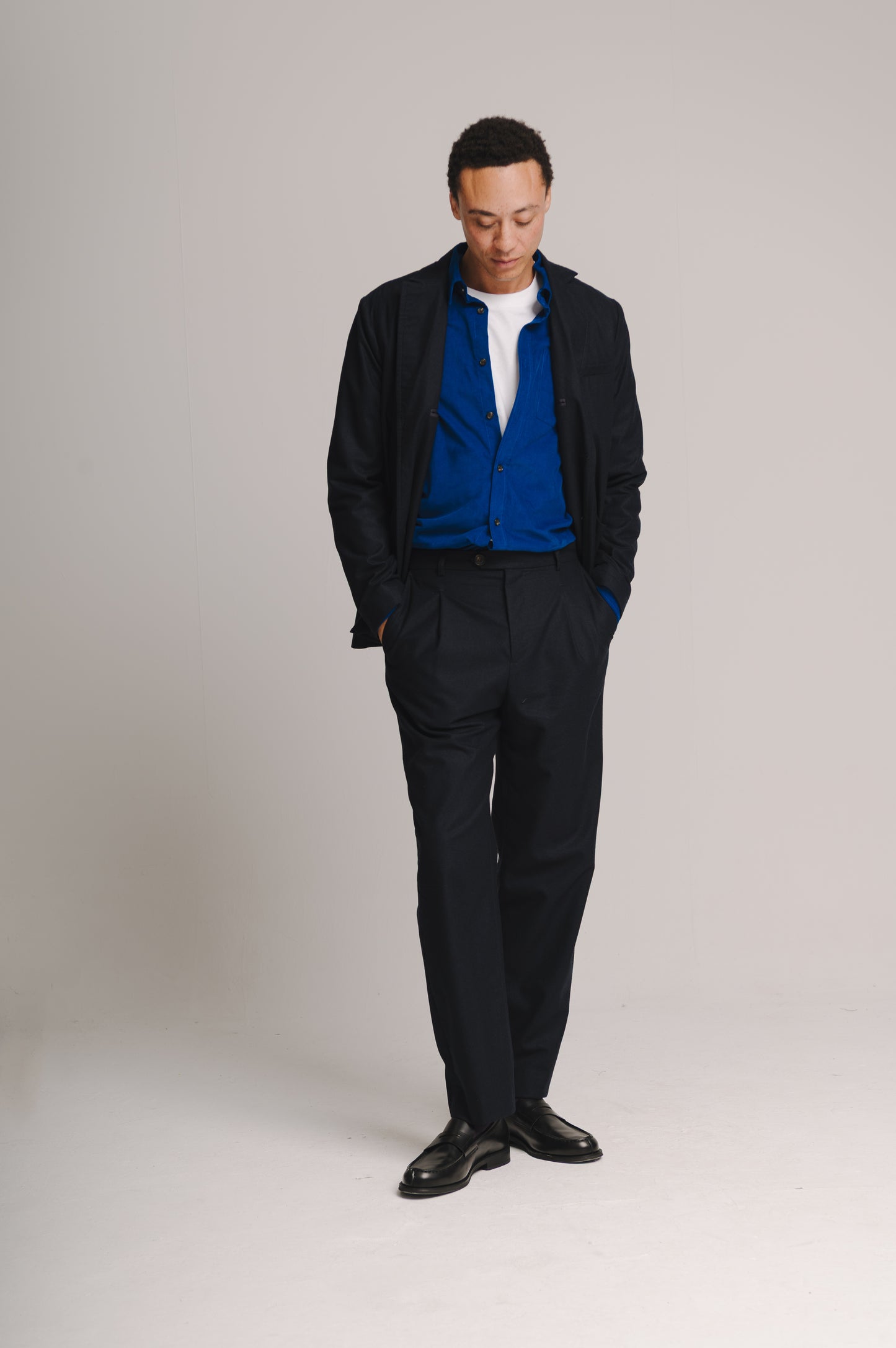 Navy Wool Cashmere Pleated Trousers