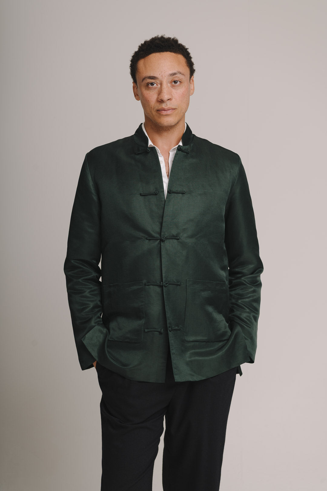 Ivy Green Silk Linen Mandarin Jacket | SIRPLUS