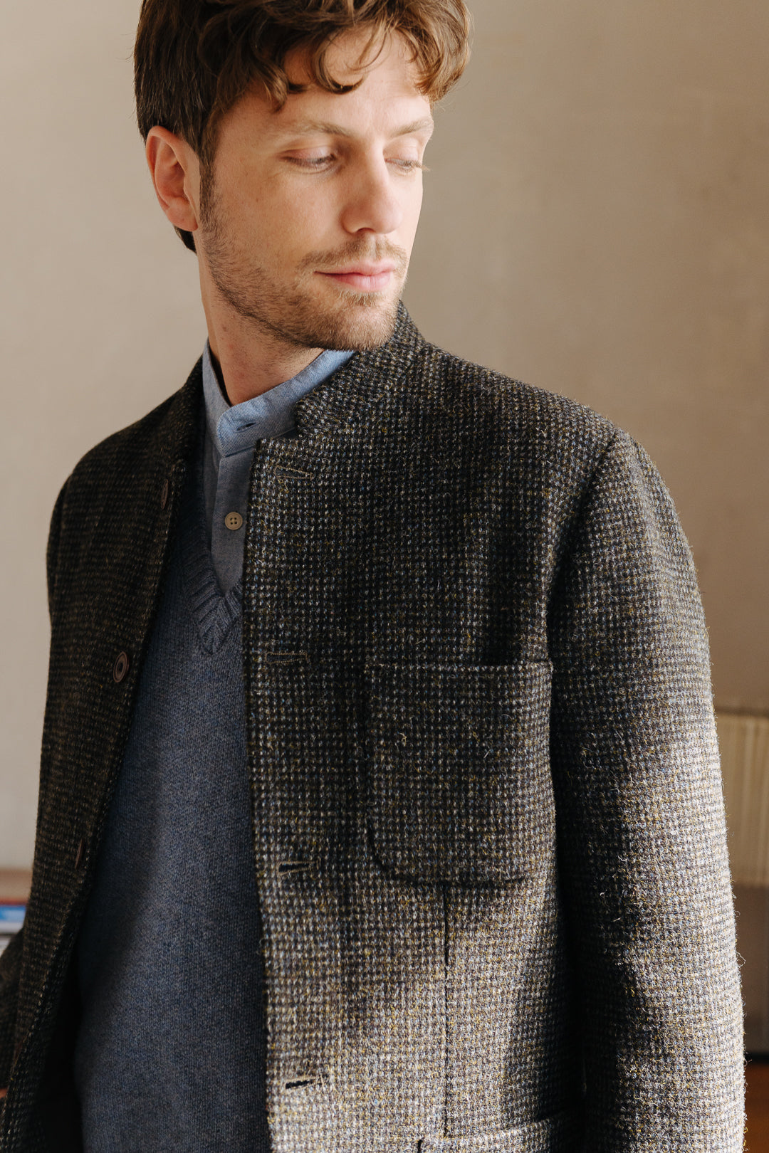 Bark Green Harris Tweed Nehru Jacket