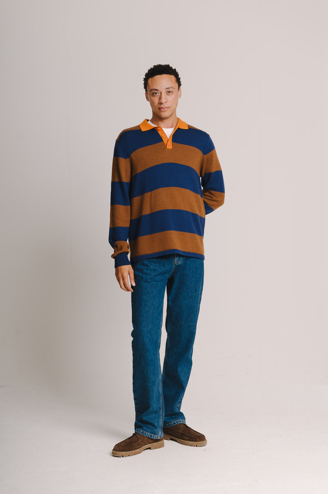 Blue & Brown Merino Knit Rugby Polo Shirt