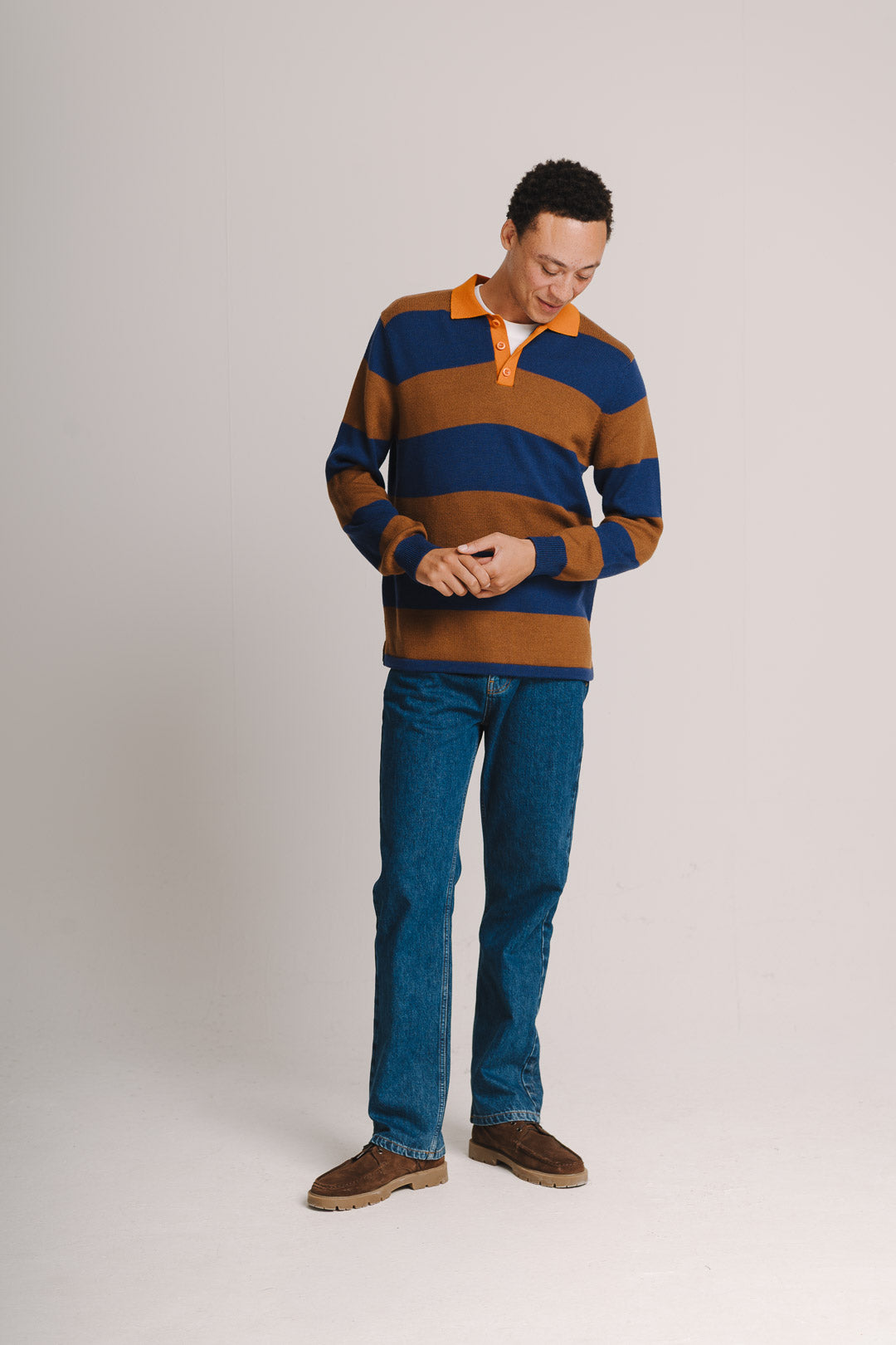 Blue & Brown Merino Knit Rugby Polo Shirt