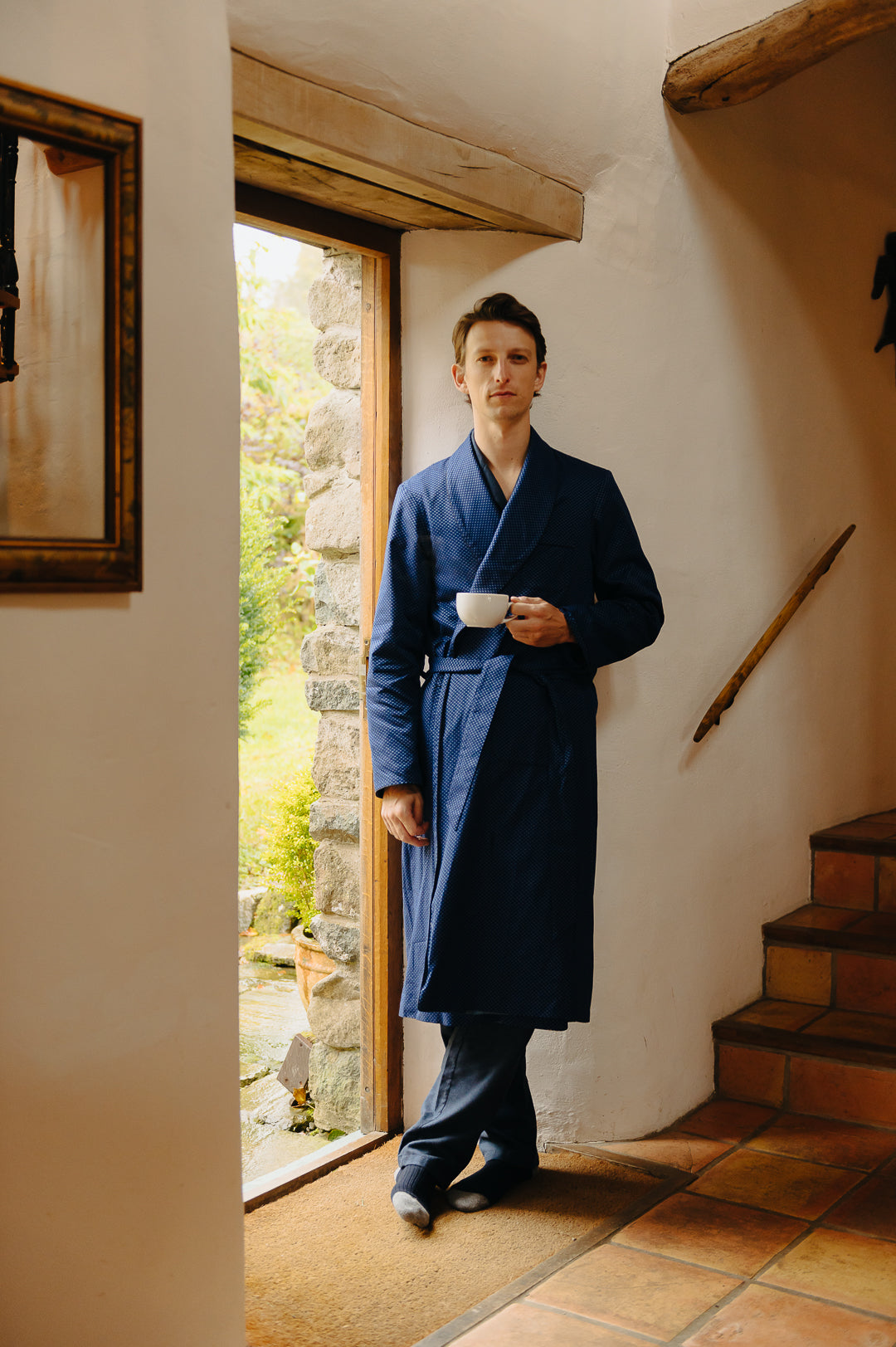 Navy Cotton Dobby Dressing Gown