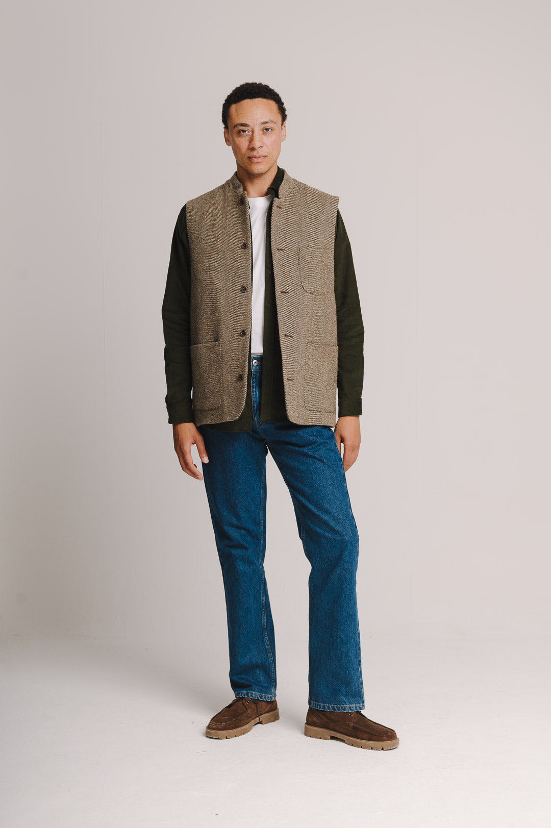 Peat Brown Twill Donegal Tweed Nehru Waistcoat