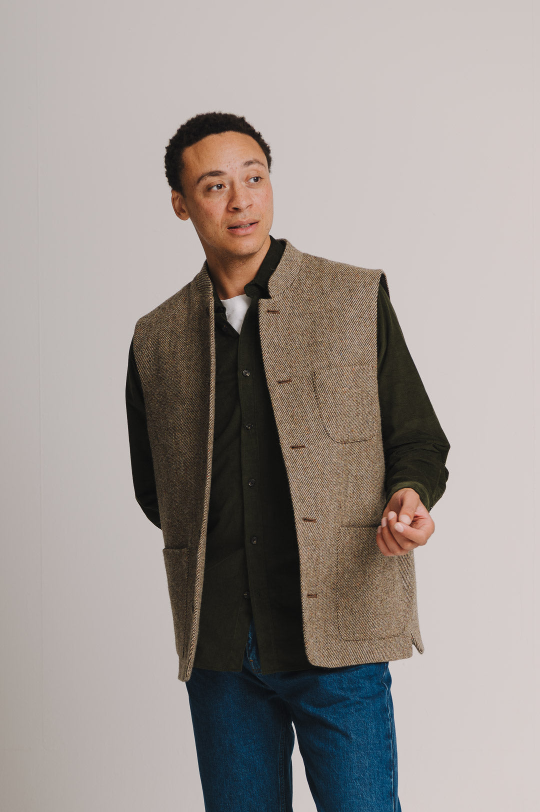 Peat Brown Twill Donegal Tweed Nehru Waistcoat