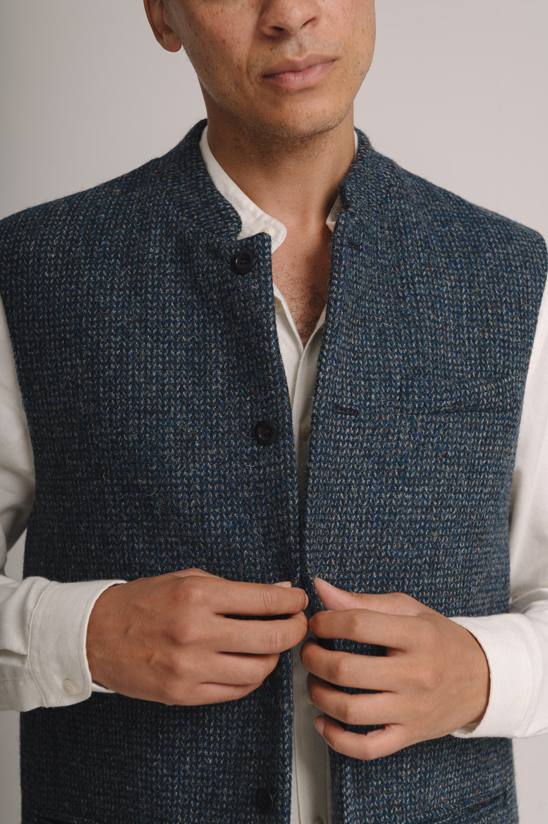 Navy Harris Tweed Nehru Waistcoat