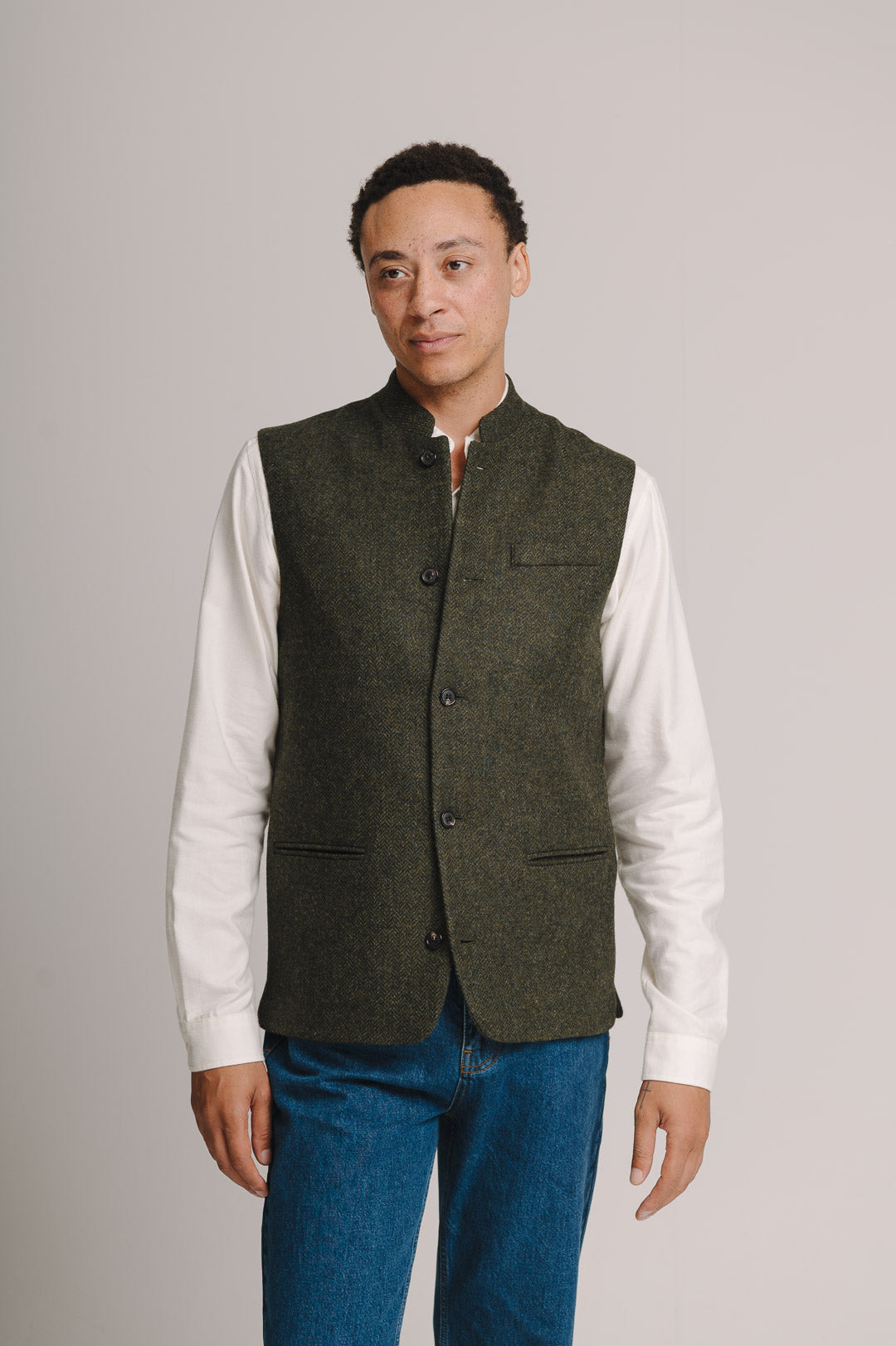 Juniper Green Herringbone Nehru Waistcoat