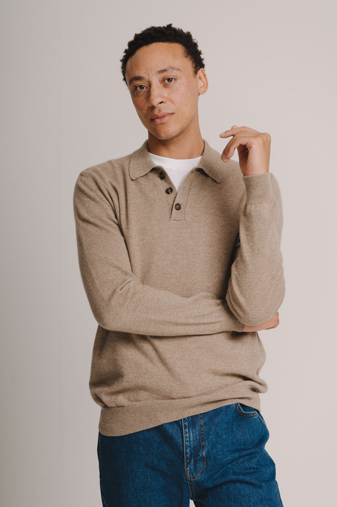Oat Cashmere Long Sleeve Polo