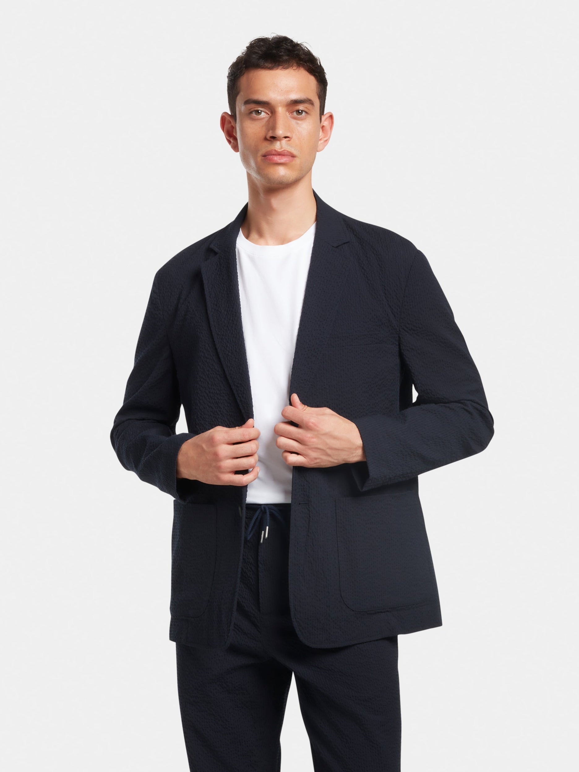 Navy Cotton Seersucker Blazer Relaxed Summer Tailoring SIRPLUS
