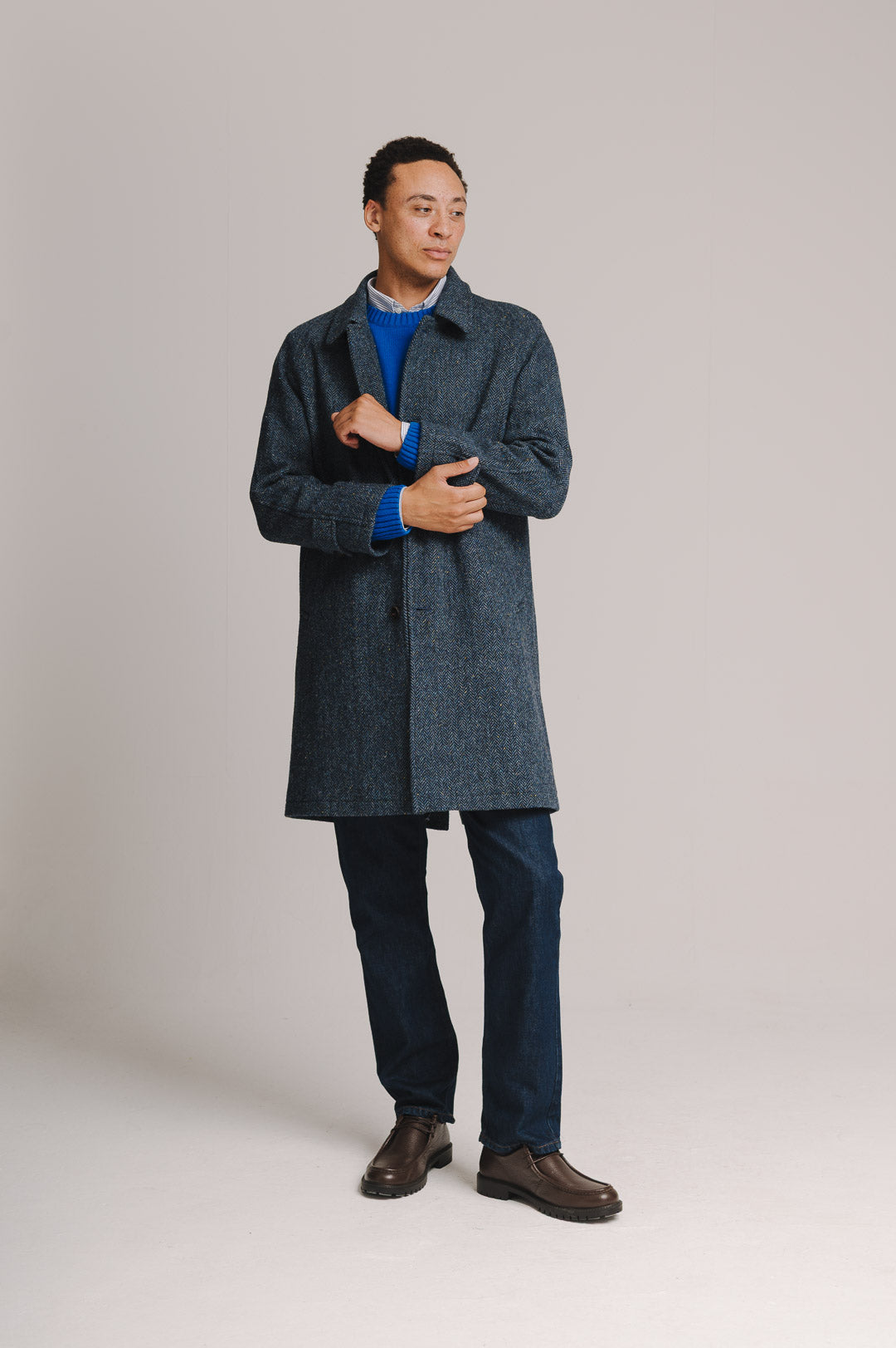 Slate Blue Herringbone Harris Tweed Overcoat