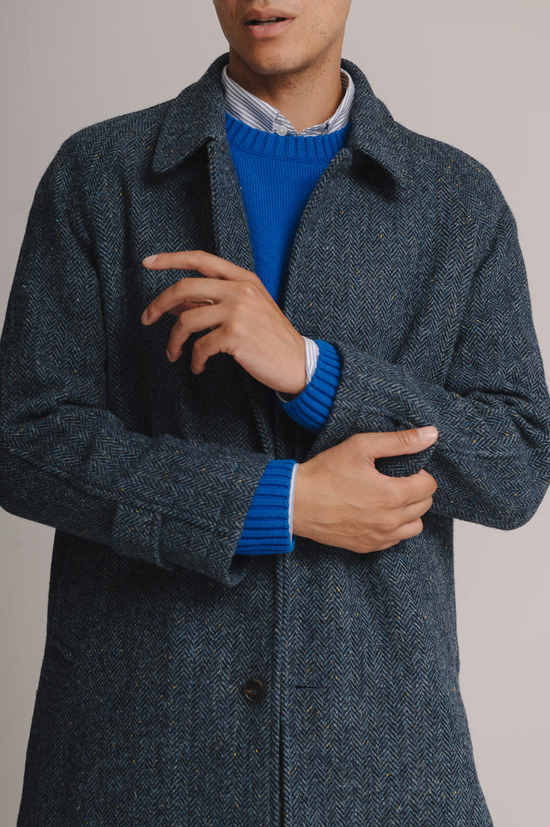 Slate Blue Herringbone Harris Tweed Overcoat