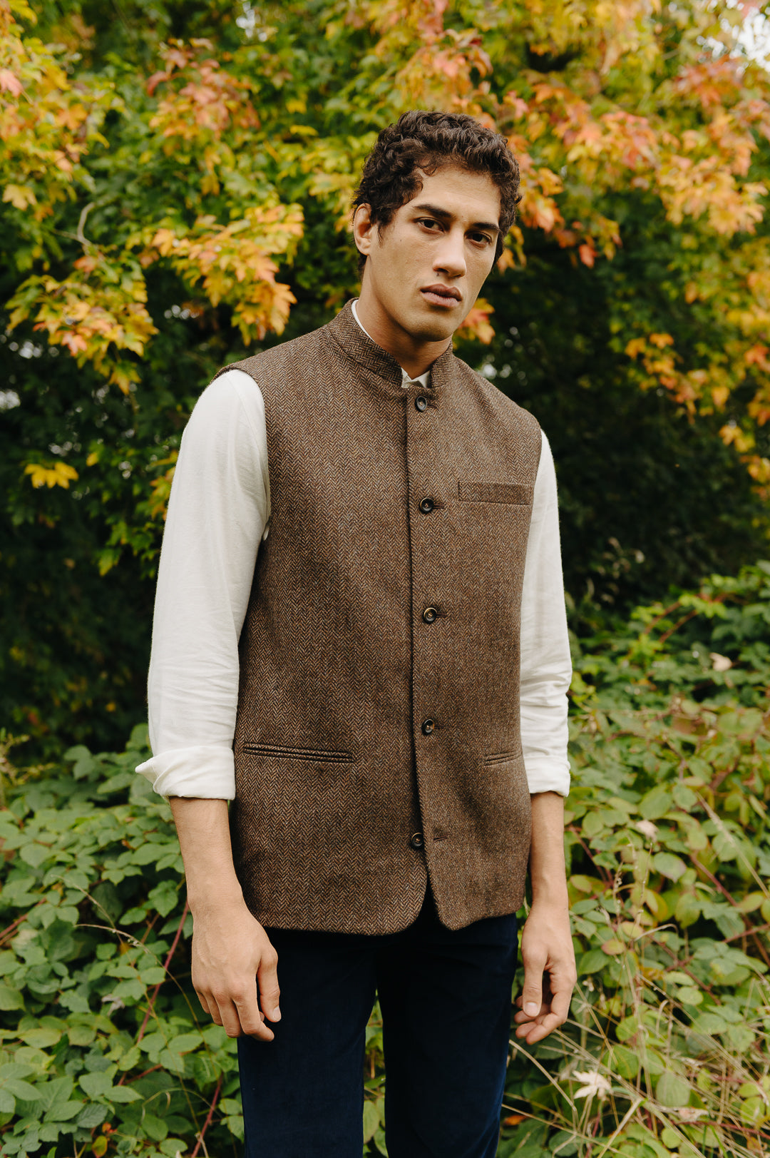 Walnut Herringbone Nehru Waistcoat