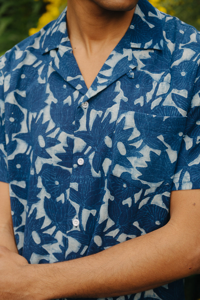 Marine Blue Batik Print Cuban Shirt, Cuban Shirt - SIRPLUS