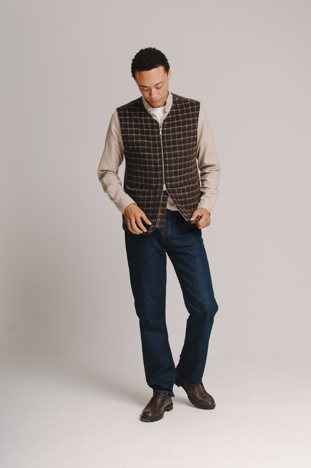 Brown Chalk Check Wool Gilet