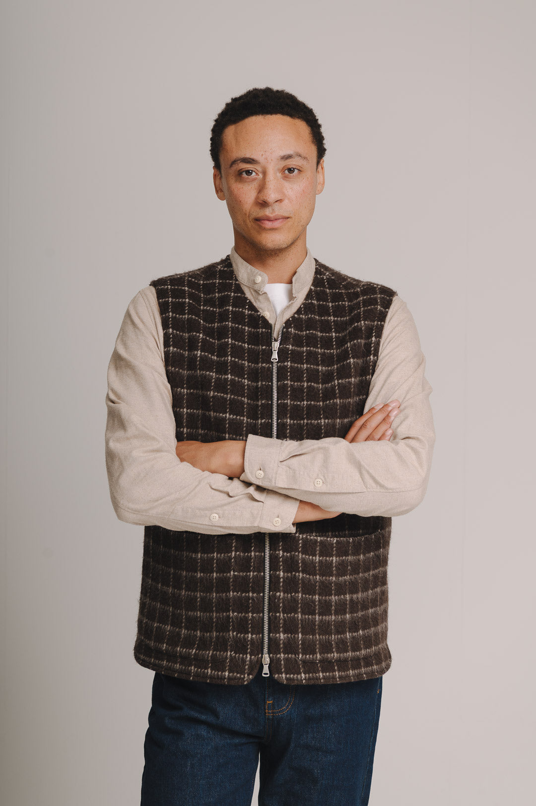 Brown Chalk Check Wool Gilet