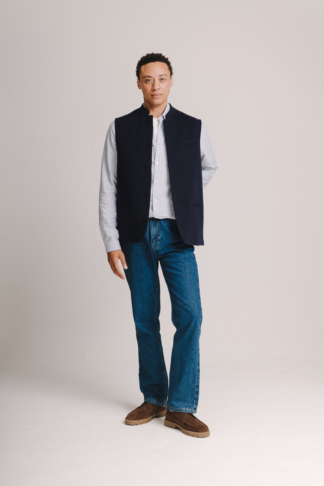 Navy Classic Wool Cashmere Nehru Waistcoat