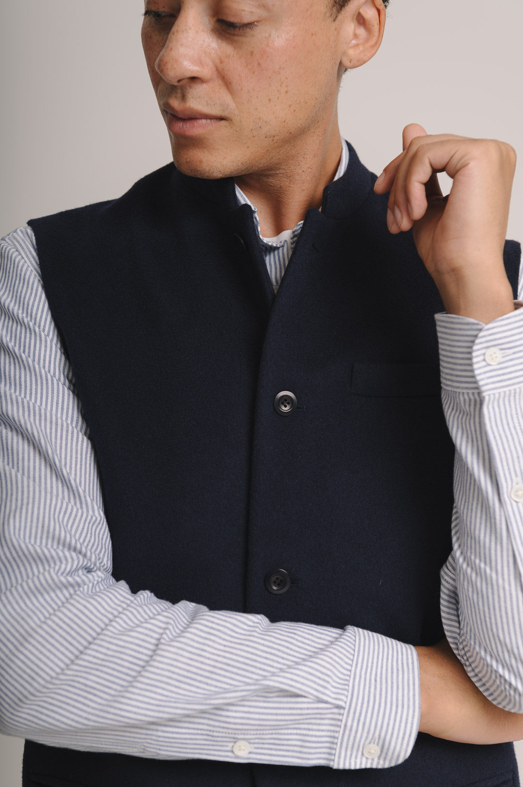 Navy Classic Wool Cashmere Nehru Waistcoat