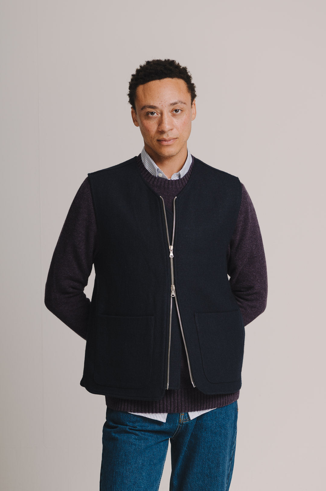 Navy Linen Wool Twill Gilet