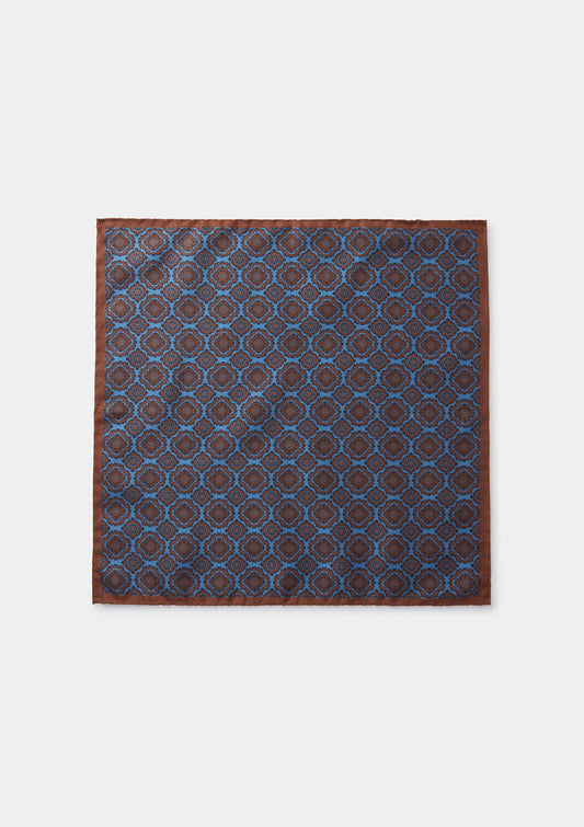 Blue and Brown Foulard Silk Pocket Square