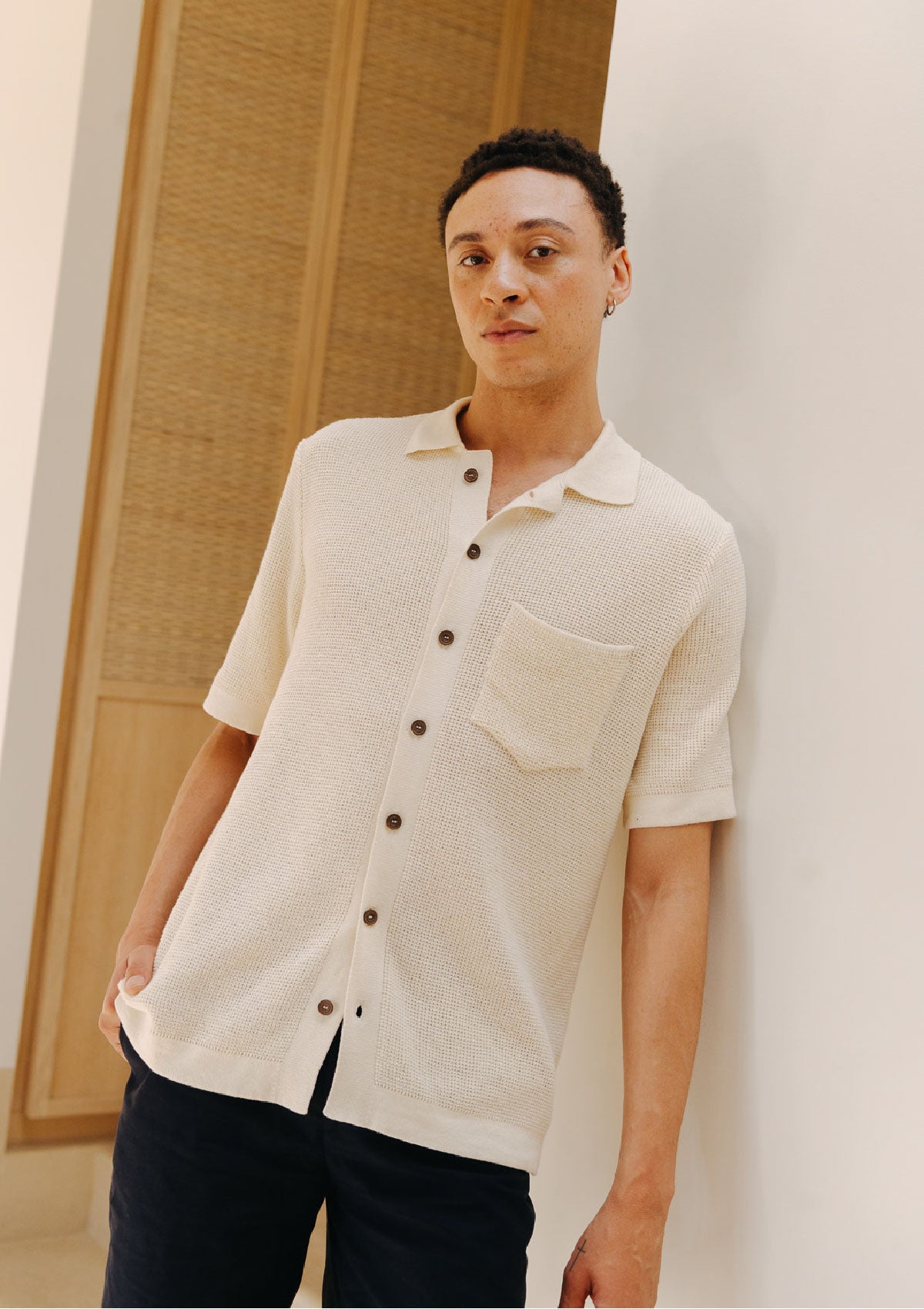 Cream Waffle Knit Polo, Polo Shirts - SIRPLUS