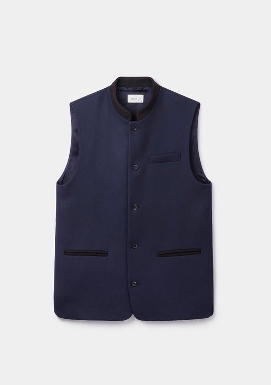 Navy & Dark Brown Wool Cashmere Nehru Waistcoat