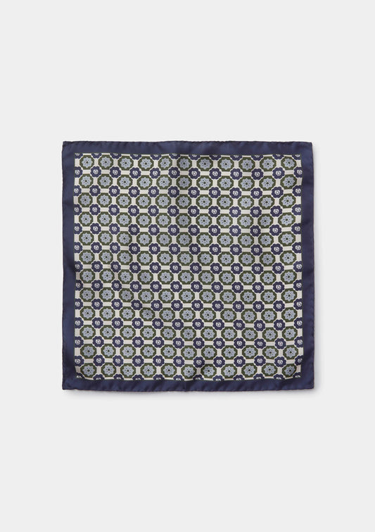 Navy & Green Tile Print Pocket Square