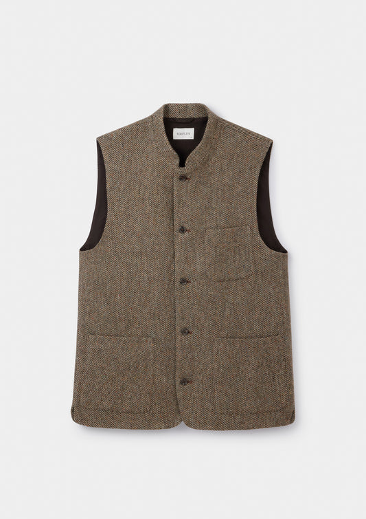 Peat Brown Twill Donegal Tweed Nehru Waistcoat, Nehru Waistcoat - SIRPLUS