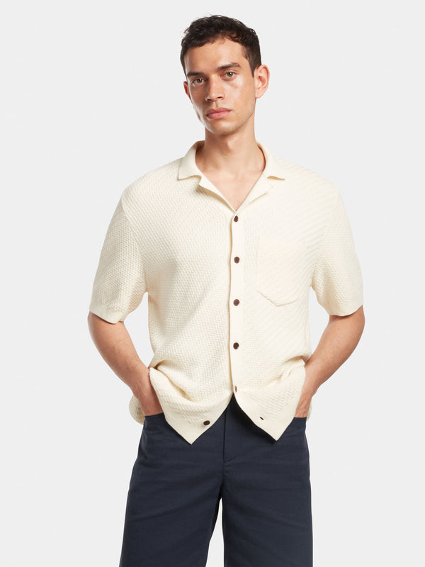 Cream Herringbone Knit Polo, Polo Shirts - SIRPLUS