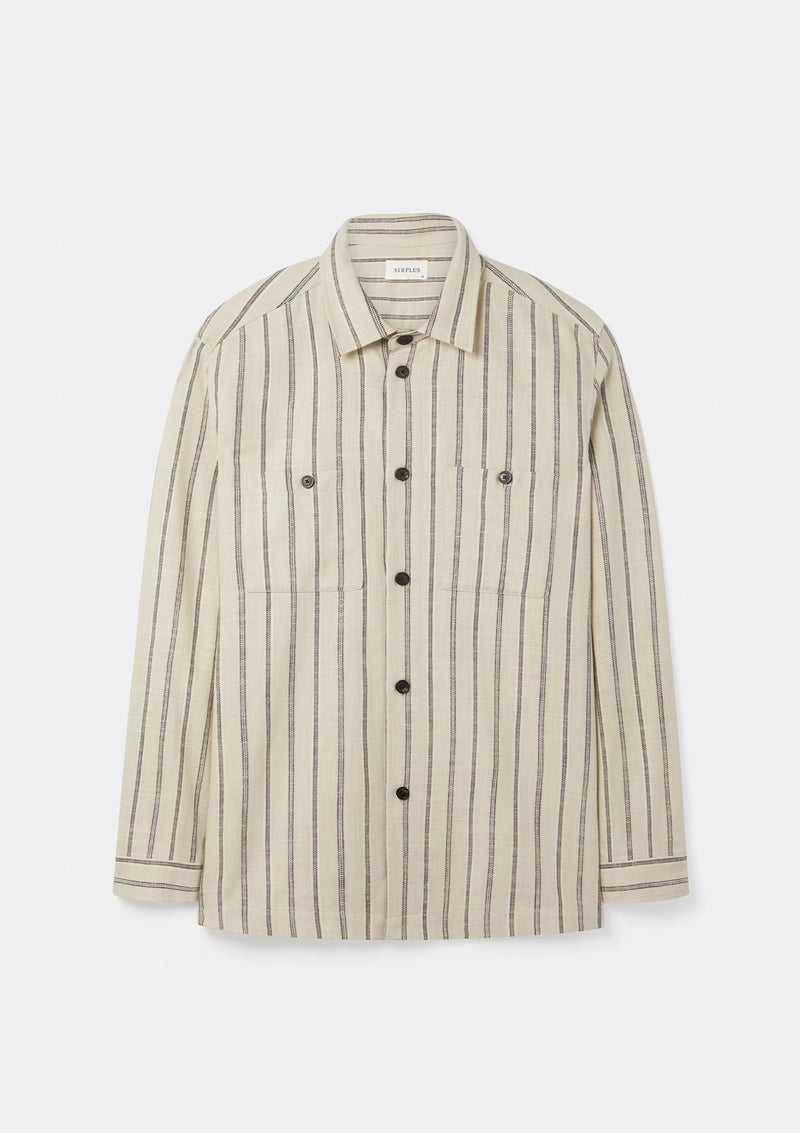 Cream Hickory Stripe Cotton Work Shirt, Overshirt - SIRPLUS