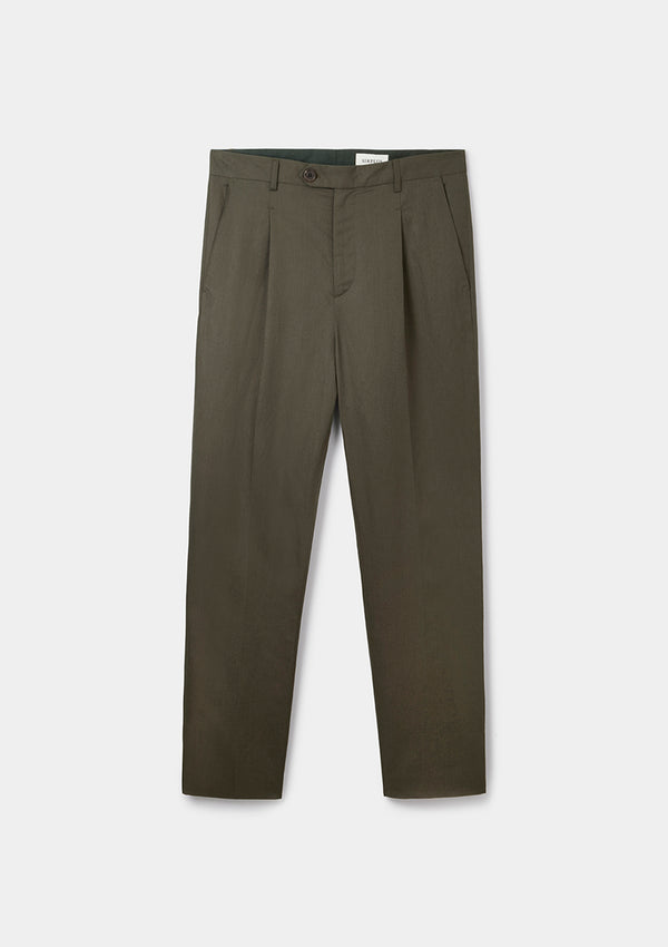 Green Cotton Linen Pleated Trousers, Casual Trousers - SIRPLUS