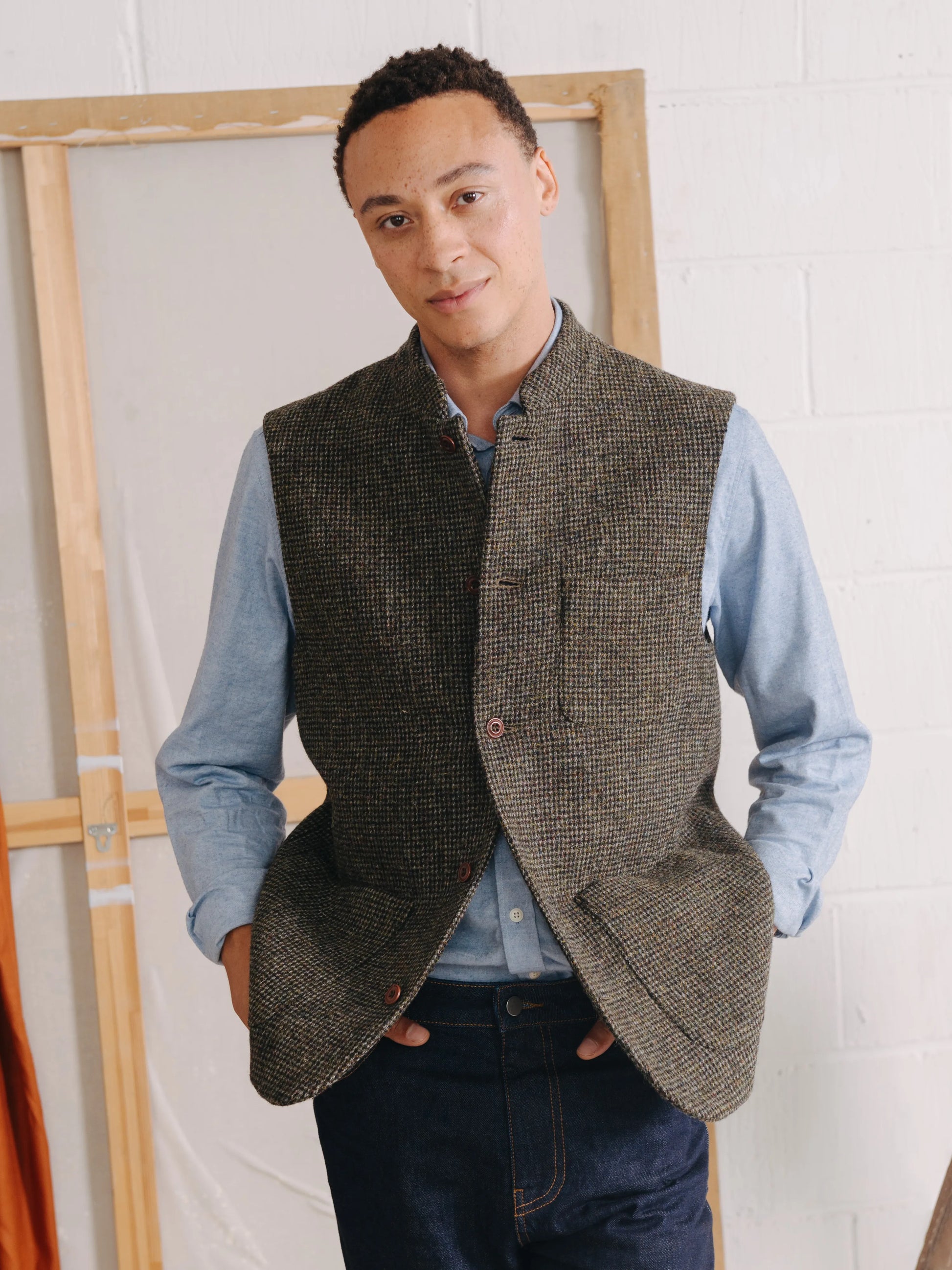 Green Harris Tweed Nehru Waistcoat, Nehru Waistcoats - SIRPLUS