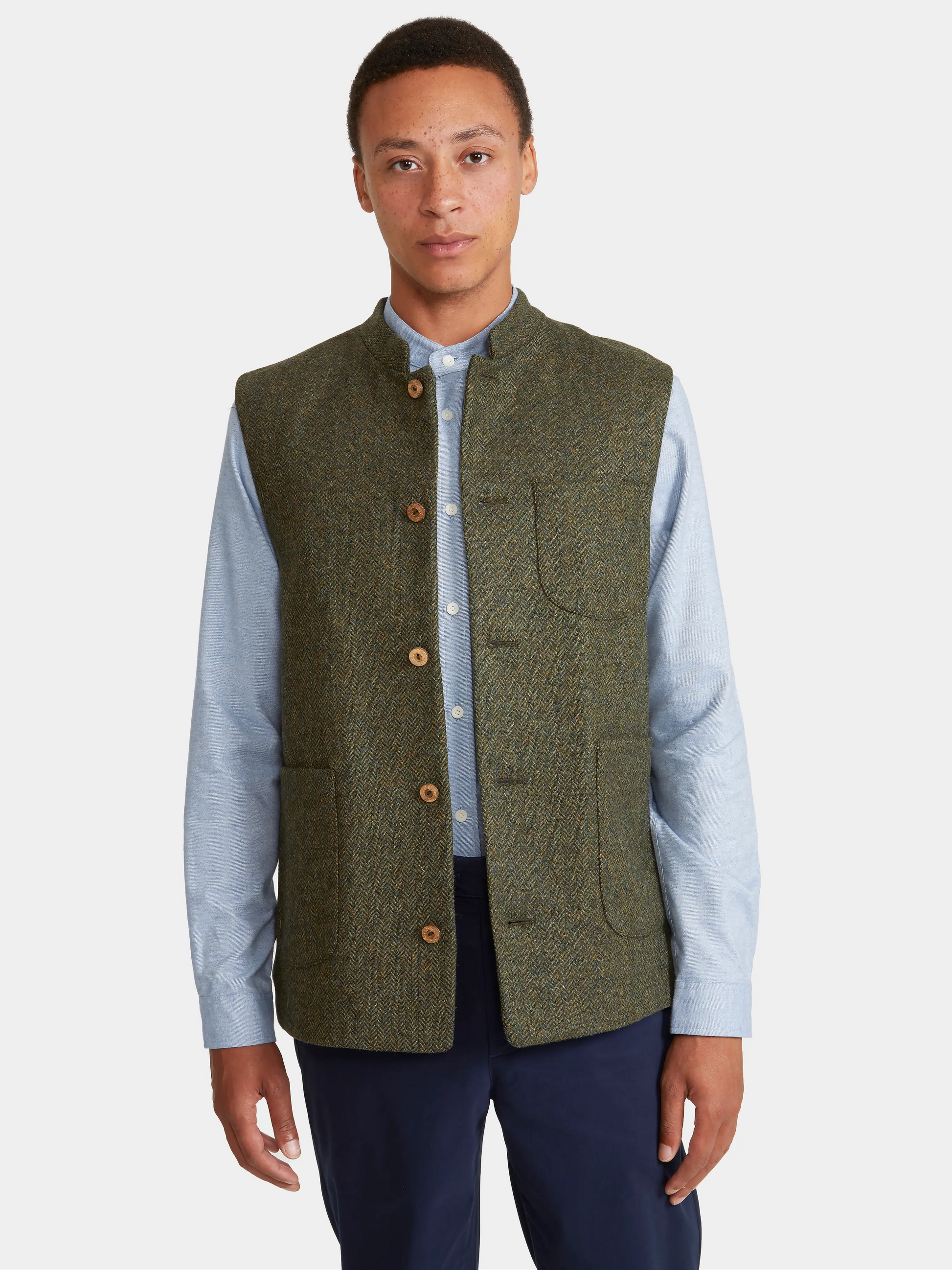 Green Herringbone Tweed Nehru Waistcoat SIRPLUS - Main Image