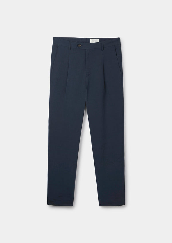 Ink Navy Cotton Linen Pleated Trousers, Casual Trousers - SIRPLUS