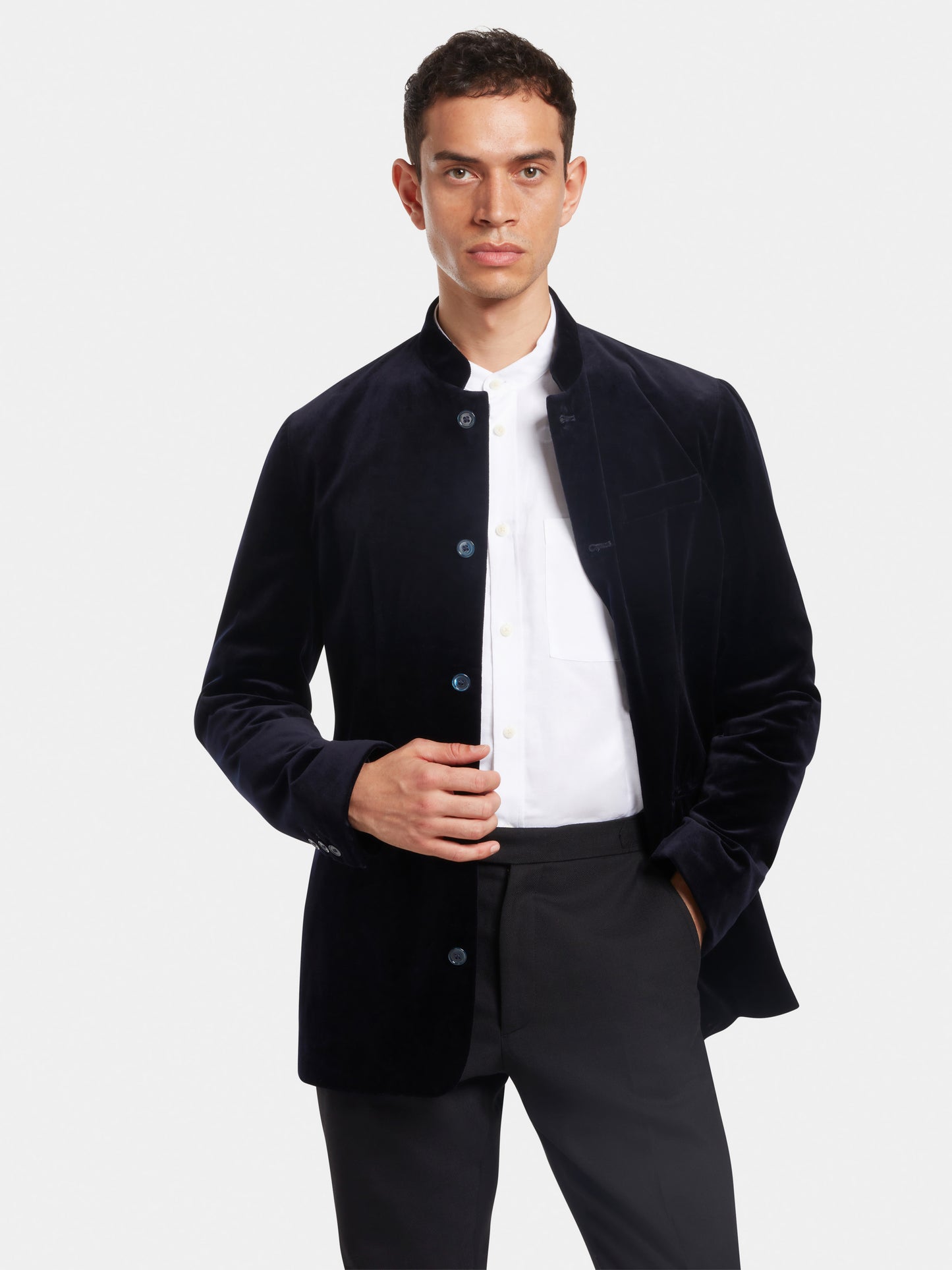 Midnight Navy Organic Velvet Nehru Jacket, Nehru Jackets - SIRPLUS