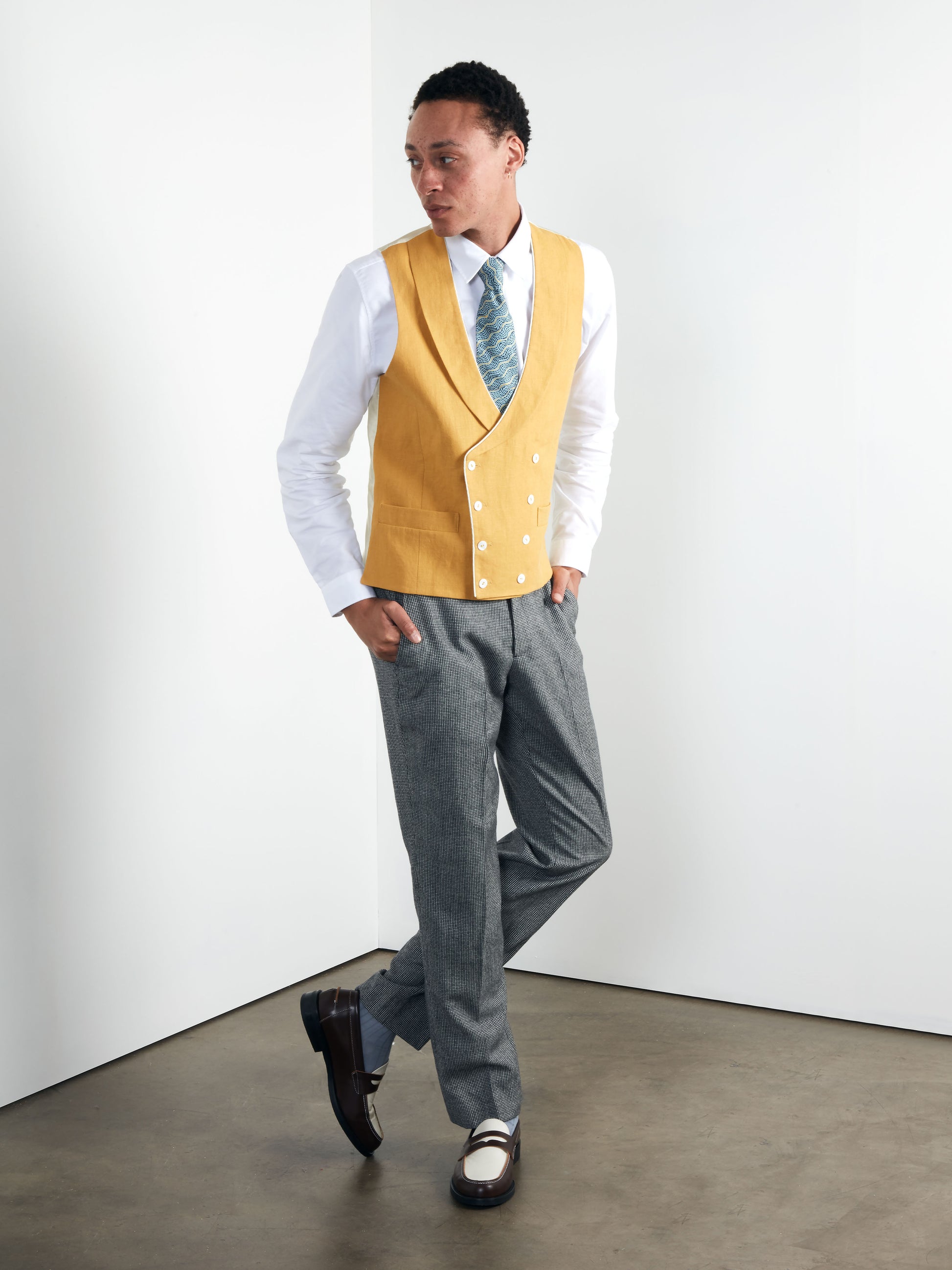 Mustard Shawl Lapel Double Breasted Waistcoat, Double Breasted Waistcoats - SIRPLUS