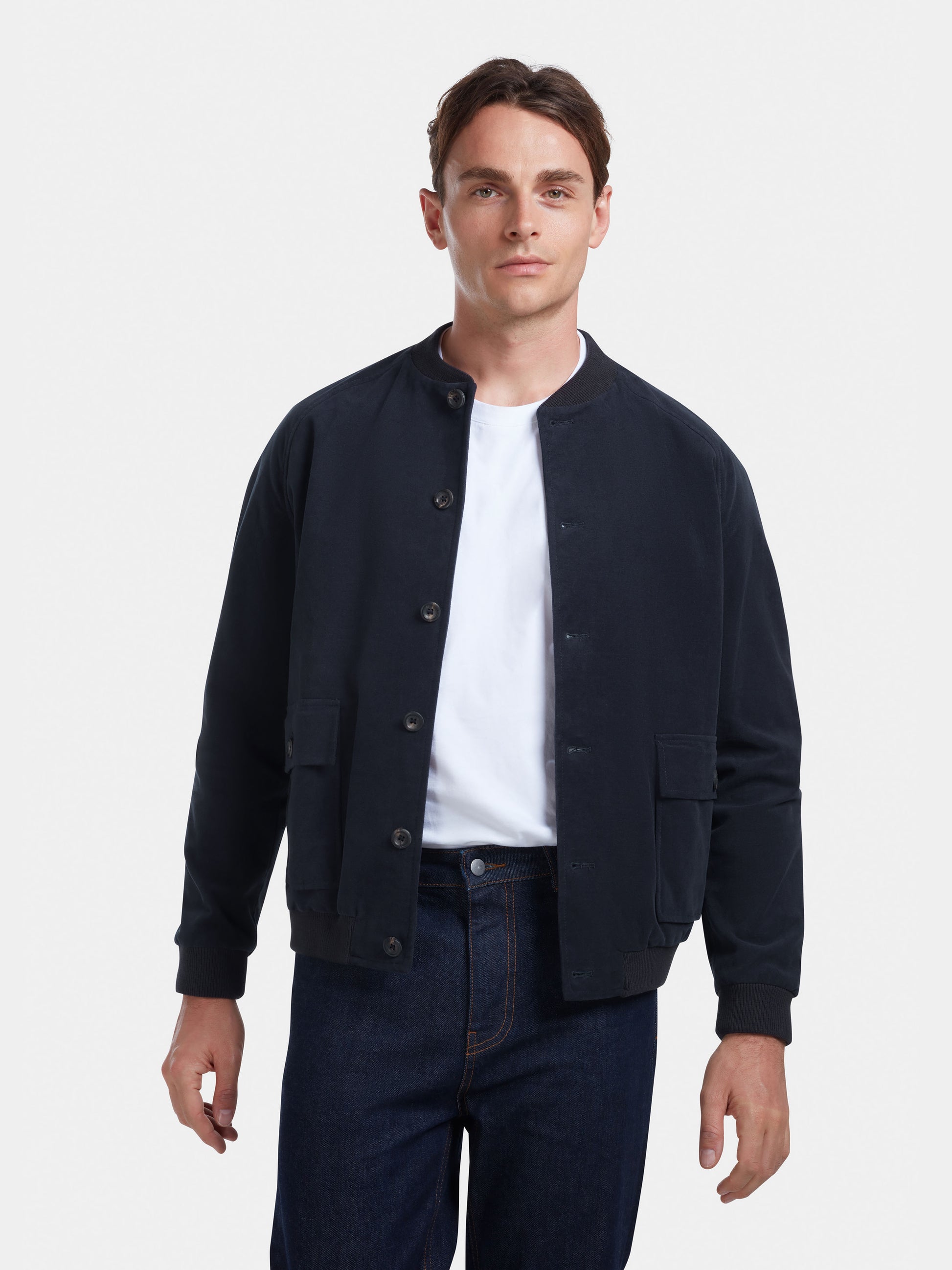Navy Cotton-Moleskin Bomber Jacket, Bomber Jackets - SIRPLUS