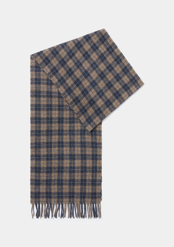 Navy and Beige Check Lambswool Scarf, Scarves - SIRPLUS