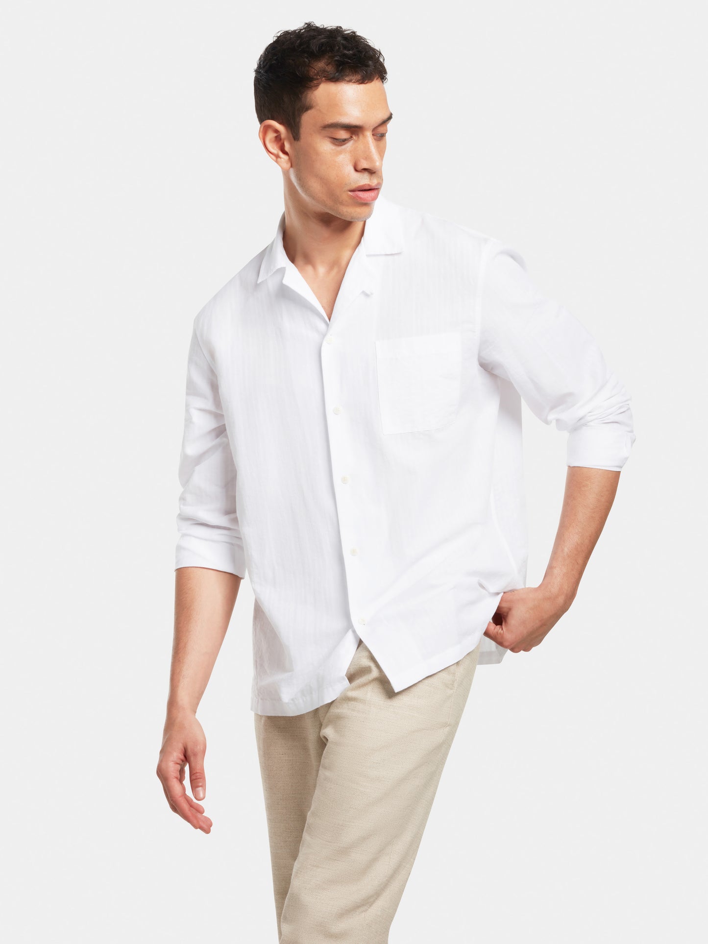 White Self Stripe Long Sleeve Cuban Shirt, Cuban Shirt - SIRPLUS