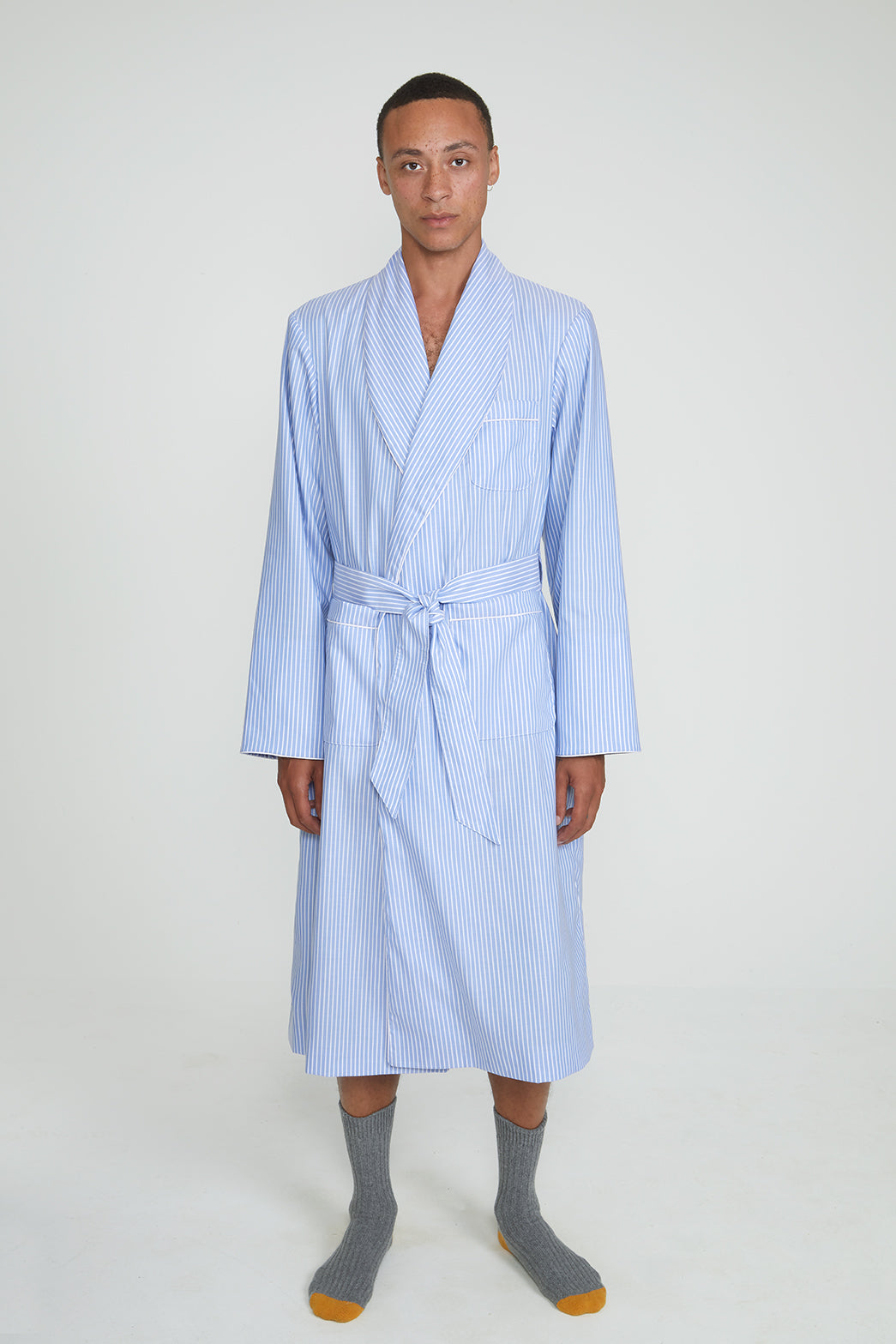 SIRPLUS Men's Light Blue Striped Cotton Dressing Gown