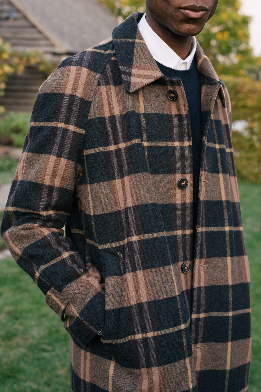 Navy & Beige Checked Wool Raglan Overcoat, Coats - SIRPLUS